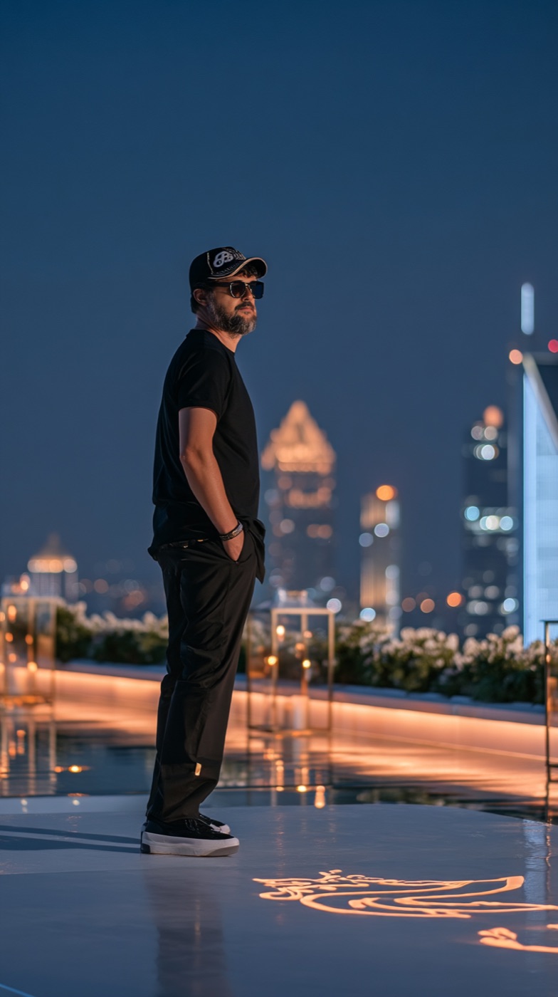Bialès debout sur un rooftop la nuit, skyline en arrière-plan