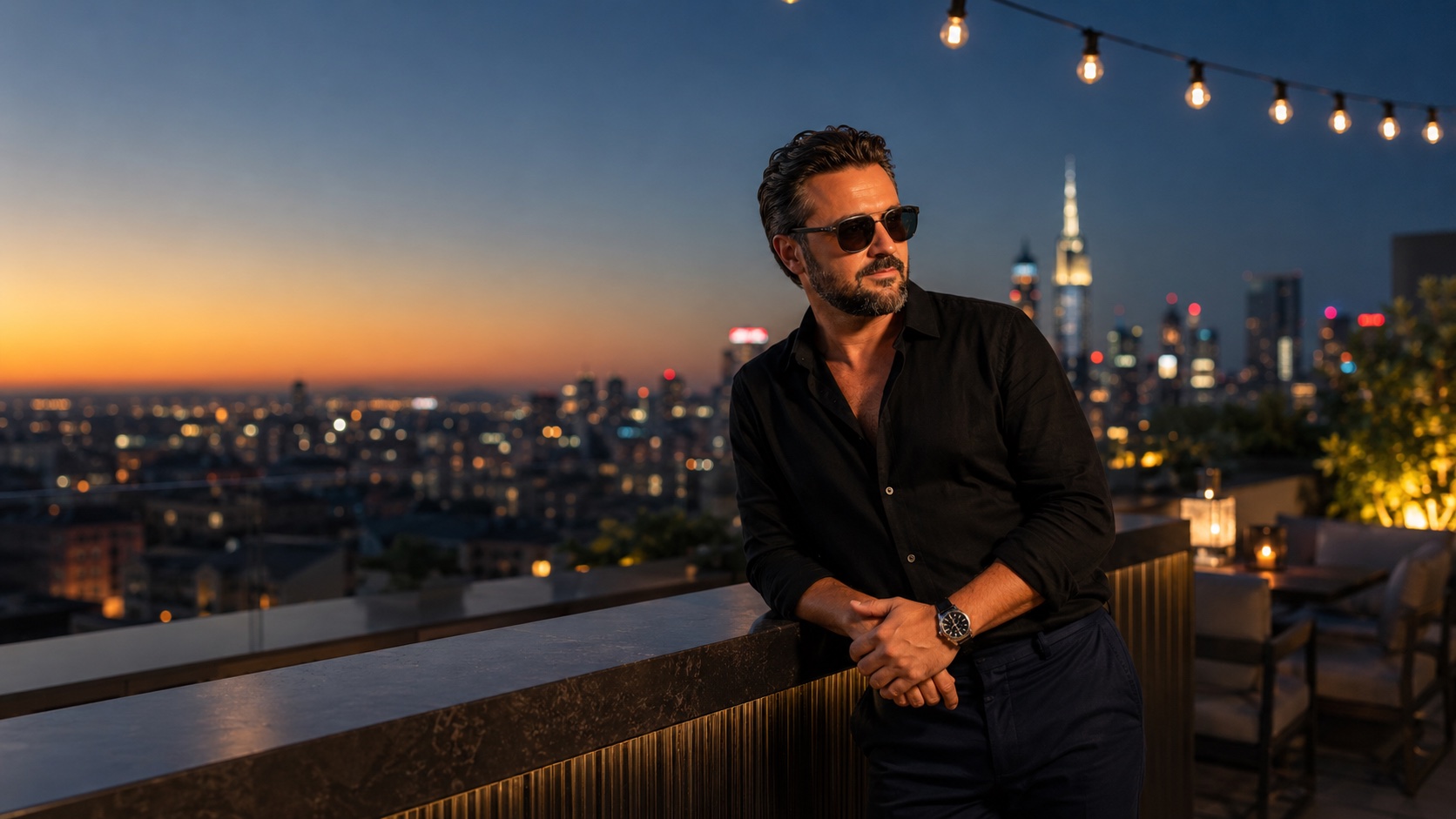 Portrait de Bialès sur un rooftop au crépuscule, skyline de la ville en arrière-plan